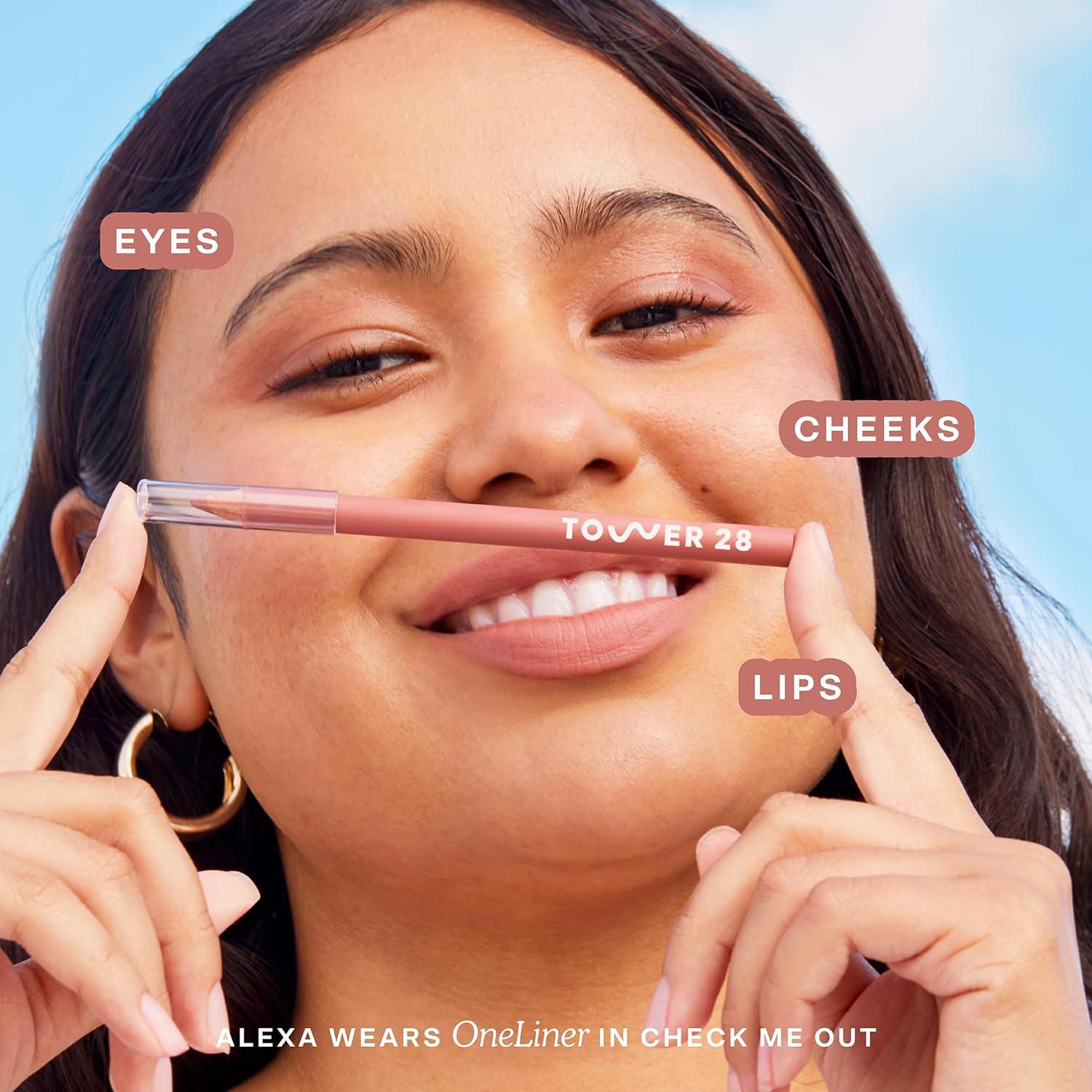 imageTower 28 OneLiner Creamy Lip Liner Pencil Defines Lips Prevents Feathering Doubles as Eye Pencil Vegan amp Sensitive Skin Safe Fill Me In Rosy Nude Lip LinerCheck Me Out Warm Rose