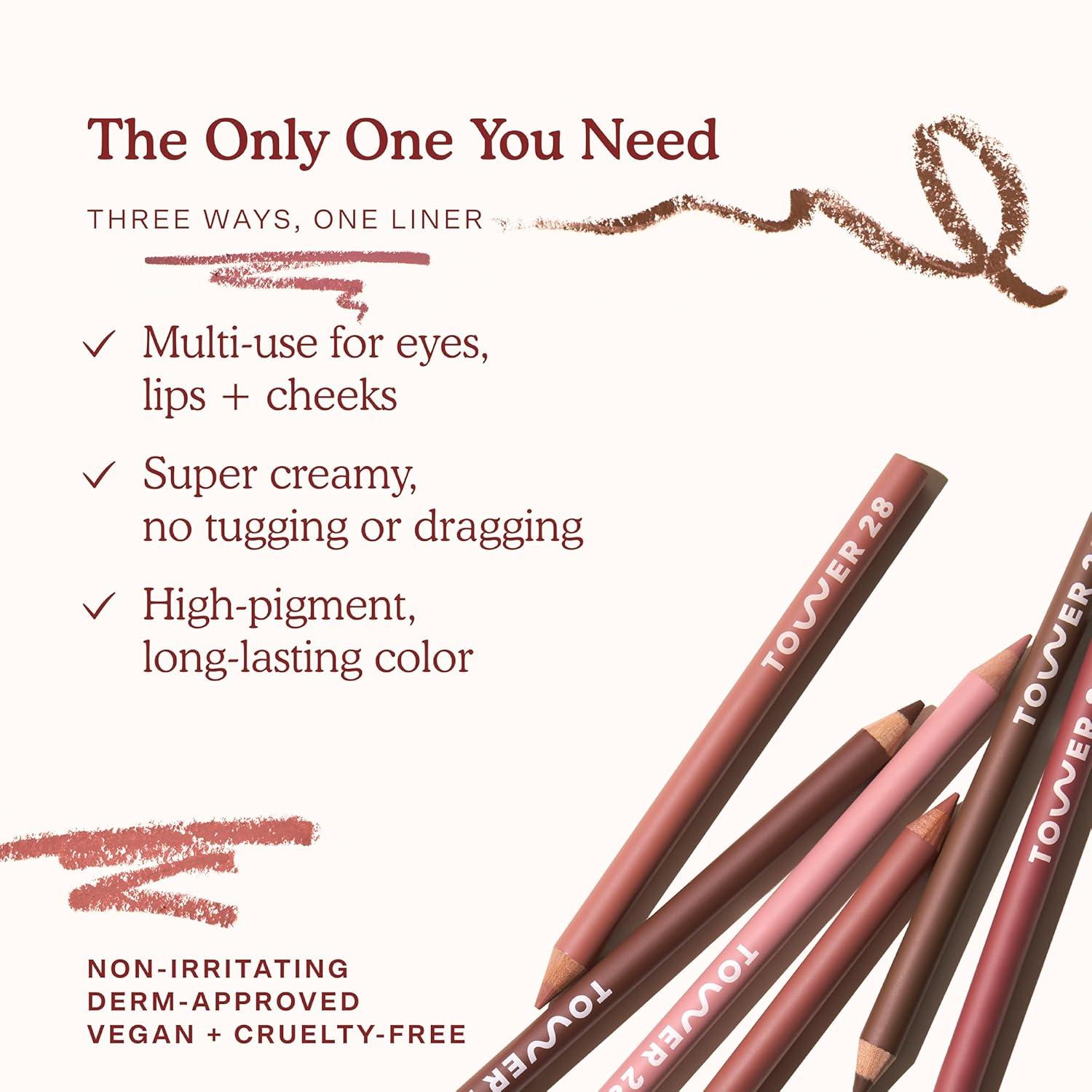 imageTower 28 OneLiner Creamy Lip Liner Pencil Defines Lips Prevents Feathering Doubles as Eye Pencil Vegan amp Sensitive Skin Safe Fill Me In Rosy Nude Lip LinerCheck Me Out Warm Rose