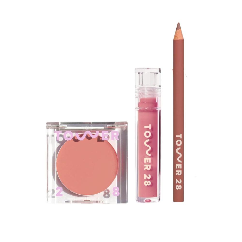 imageTower 28 Lip  Cheek Best Sellers  Shine One Lip Gloss Jelly in Pistachio BeachPlease Cream Blush in Magic Hour  OneLiner in Work of Art  Everyday Makeup Kit for Sensitive Skin 3 Count