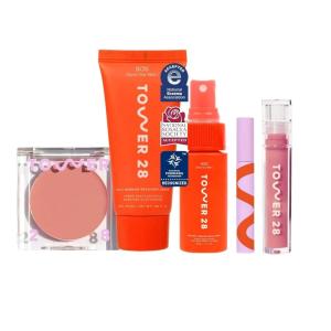 Tower 28 Best Sellers Makeup + Skin Care Set – SOS Daily Rescue Facial Spray, SOS Face Cream, MakeWaves Mascara in Jet, ShineOn Lip Gloss in Pistachio + BeachPlease Cream Blush in Magic Hour (5 Count)