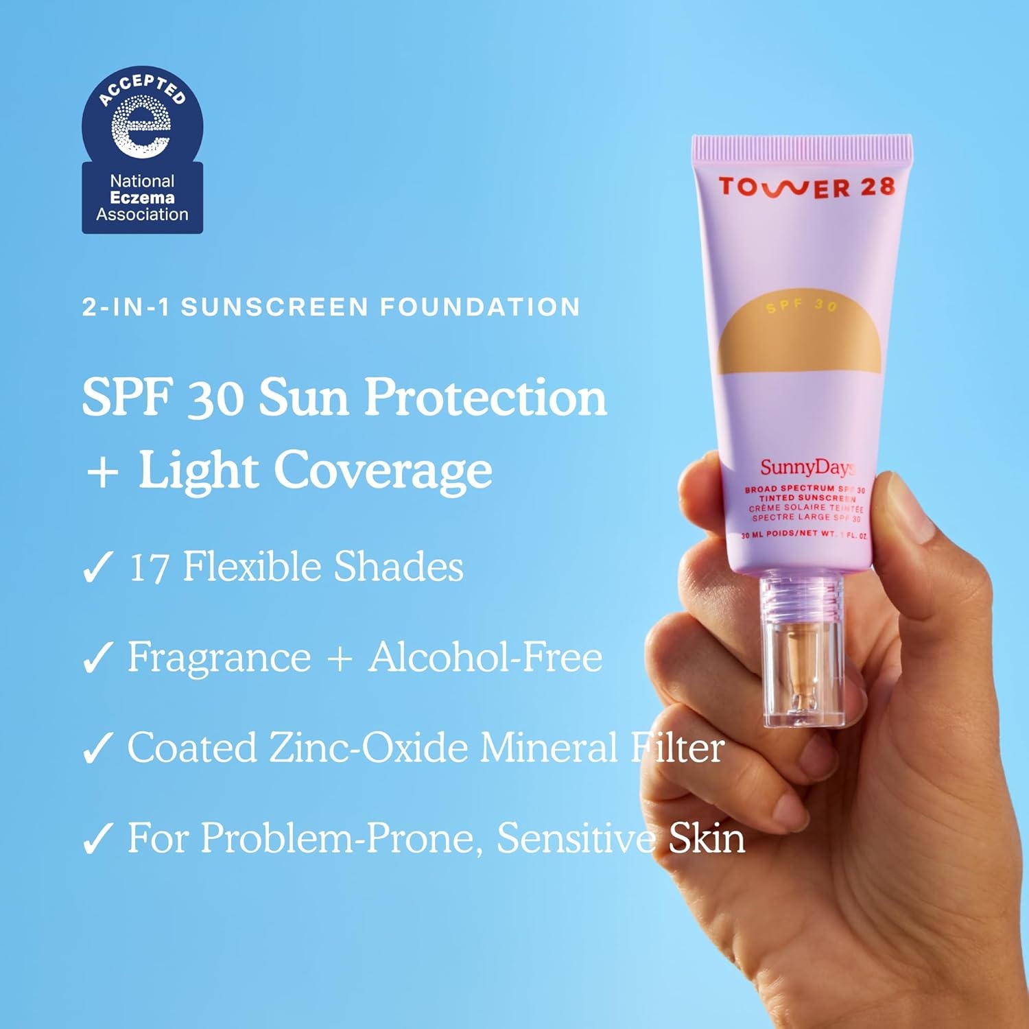 image:imageTower 28 SunnyDays SPF 30 Tinted Moisturizer 2in1 Buildable Coverage Foundation Mineral Sunscreen for Face Zinc Oxide Aloe amp Prickly Pear for Sensitive Skin 18 LightPeach 1 oz70 VENIC
